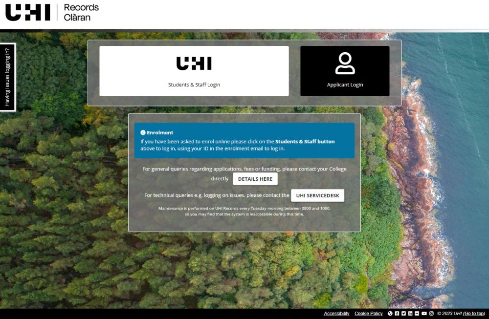 UHI Records login screen